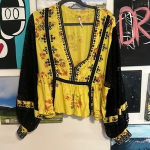Free People Boogie All Night Lace Balloon Sleeves Floral Boho Blouse Size L